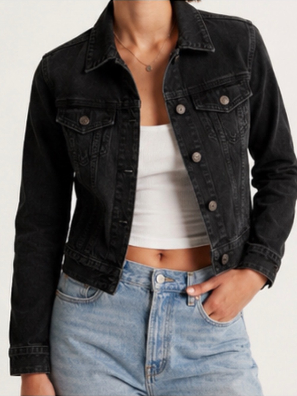 Abercrombie & Fitch Black Denim Jacket Small Cropped Fitted Y2K Dark Wash